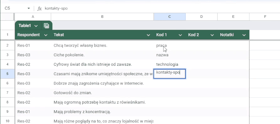 013 analiza idi arkusz Dane tabela przypisywanie kodów